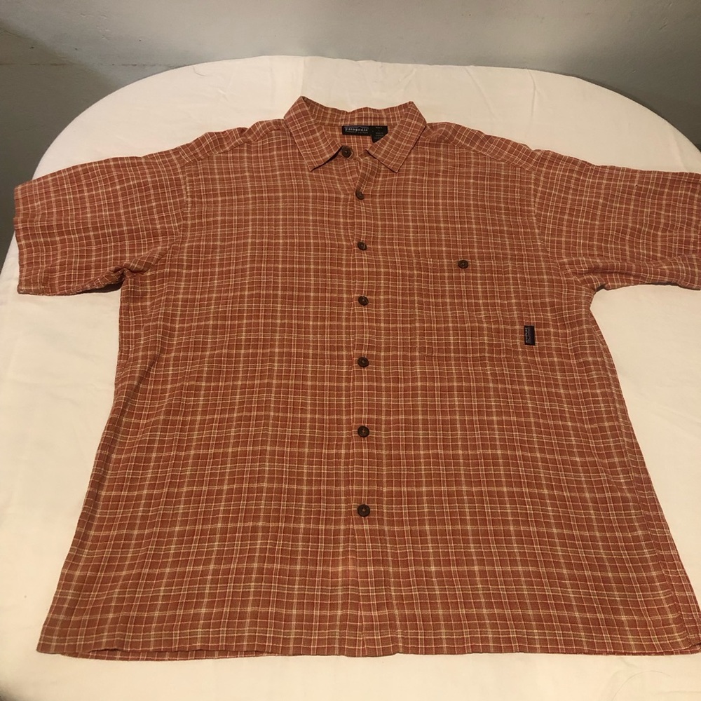 Patagonia Mens Organic Cotton Orange Multicolor Short Sleeve Seersucker Shirt L